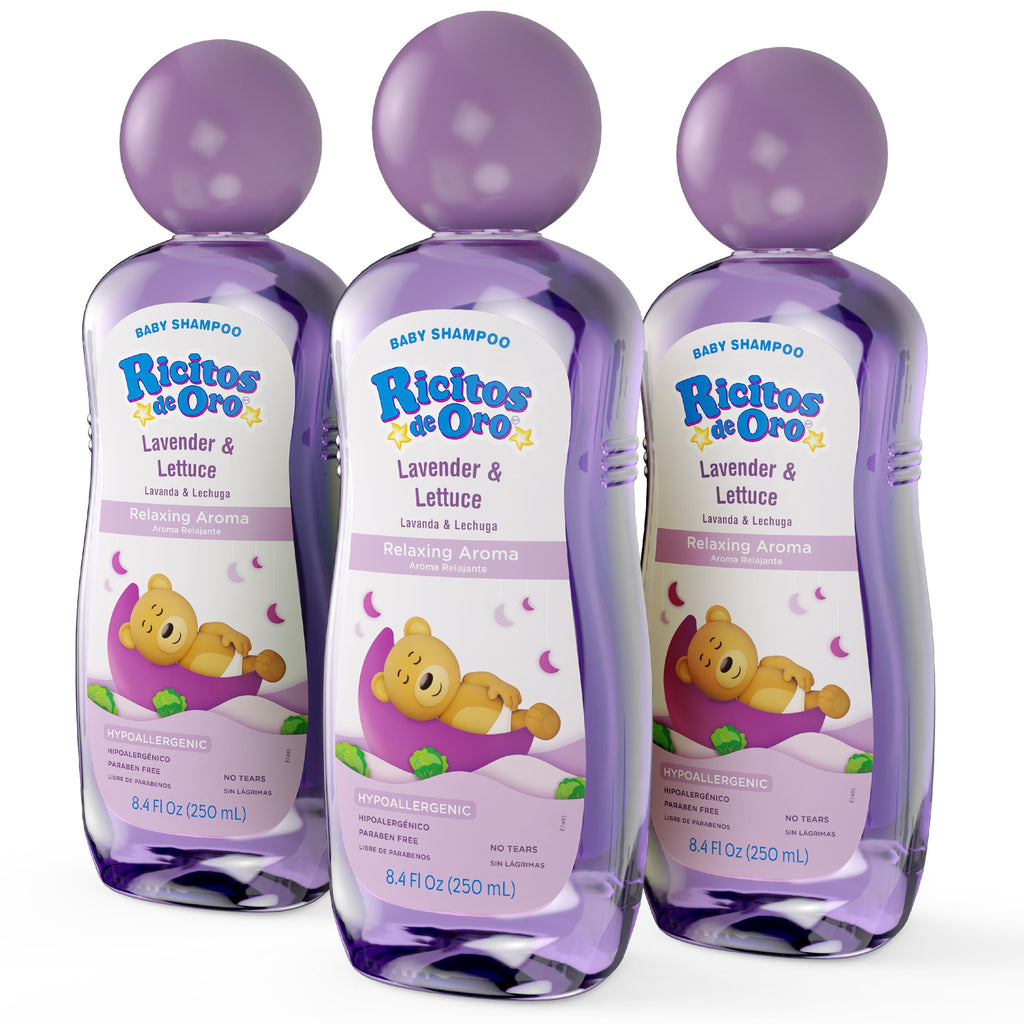 Ricitos de Oro Lavender Baby Shampoo | Nourishes & Softens Baby Hair, Gentle Lavender Scent, Tear Free Formula, Promotes Better Sleep, Includes Rattle Cup, Natural Ingredients, Size 8.45 oz, 3-Pack