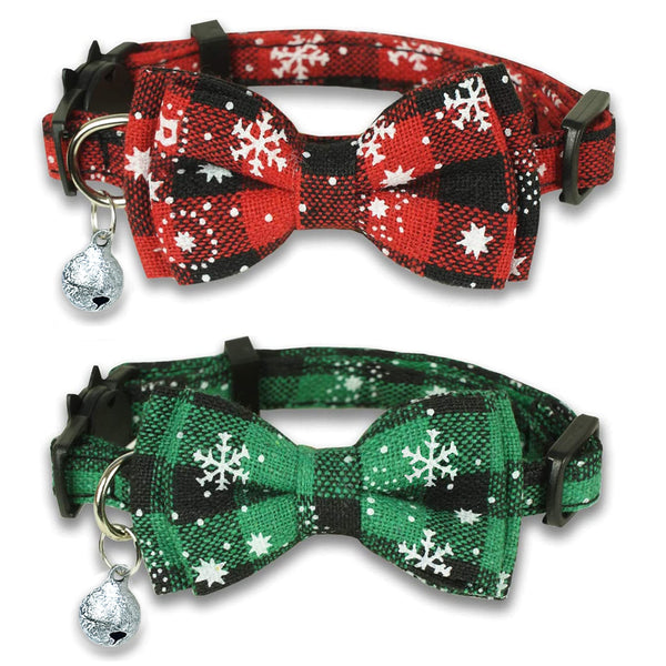 Pohshido 2 Pack Christmas Cat Collar with Movable Bowtie, Holiday Cat Bowtie Plaid Patterns, Breakaway Buckle Safety Kitty Kitten Collar with Bell, Adjustable Pet Collar for Cats and Puppies