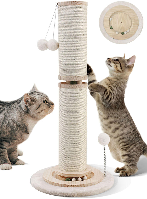 OTOB 32" Tall Cat Scratching Post, 4.3Inch Large Diameter Natural Sisal Rope Scratcher Post, 5-in-1 Interactive Turntable Cat Scratch Post with Soft Hanging Ball Toys for Indoor Large Cats Kittens