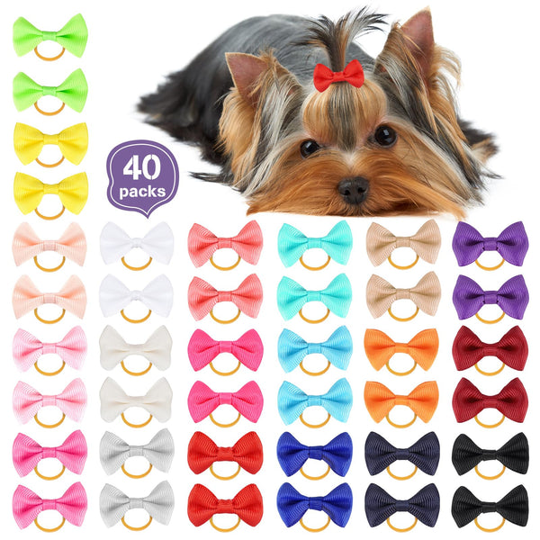 Chenkou Craft 40pcs(20pairs) Puppy Yorkie Dog Hair Bow Pure Ribbon with Rubber Band 40mm, Mix Colors Varies Patterns Pet Grooming Products (Pure Color Bows)