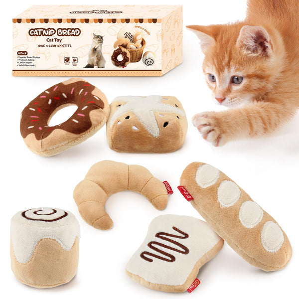 Gigwi Catnip Toys for Cats, Interactive Plush Kicker Toys Set Bread Design, Crinkle Pet Toys for Enrichment with Refillable Catnip, Safe Material Kitten Teething Toys for Chewing, 6 Pack