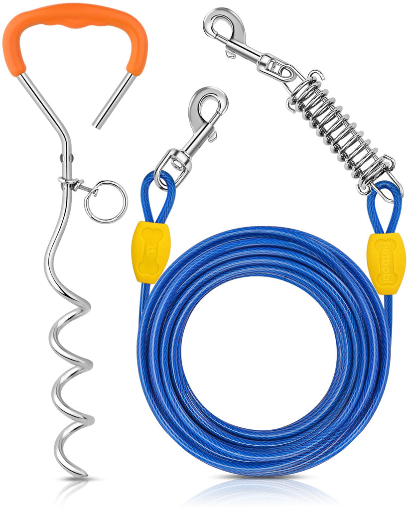 Petbobi Dog Tie-Out Cable and Stake - 30ft Heavy Duty Cable with Spring, No Tangle, 16in Ground Stake, Ideal for Yard, Camping and Beach, Suitable for Small Medium Large Dogs Up to 120 lbs, Blue