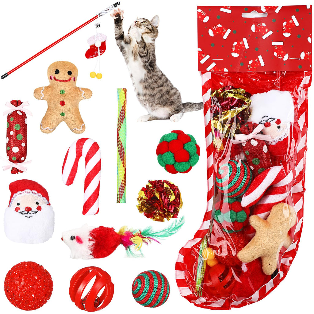 MiniInflat Xmas Cat Toys Set - 12 Assorted Squeaky Toys, Balls, Cat Teaser Fun Indoor/Outdoor Interactivity Pet Kitten