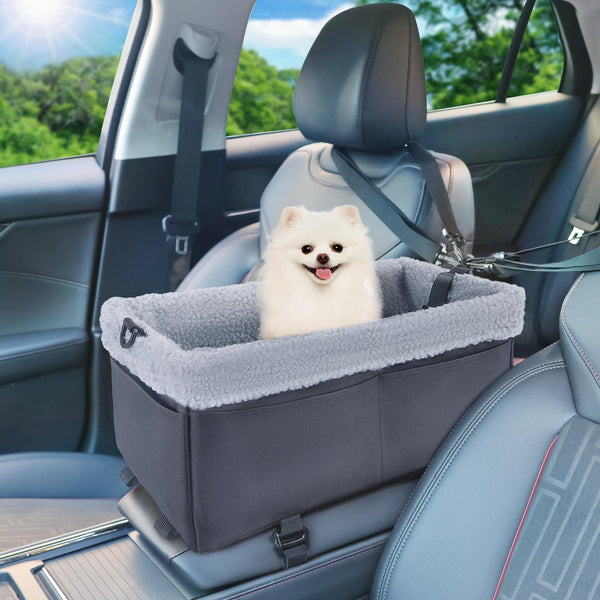 Dog Car Seats for Small Dogs, Center Console Dog Car Seat with Soft Cushion, Pet CarSeat with Double Protection Seat Belts, Metal Frame Puppy Car Seat with Safety Leash & Storage Pocket, Black