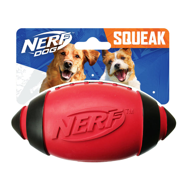 Nerf Dog Rubber Football Dog Toy with Interactive Squeaker, Lightweight, Durable and Water Resistant, 5 Inch Diameter for Medium/Large Breeds, Single Unit, Red