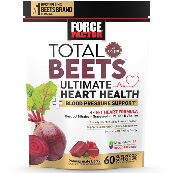 FORCE FACTOR Total Beets Ultimate Heart Health Blood Pressure Support Chews with CoQ10, Beet Root Powder, Grape Seed Extract, Blood Pressure Supplement for Circulation & Blood Flow, 60 Soft Chews