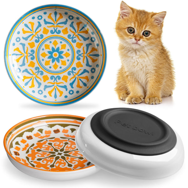 Kitwinney Non-Slip Cat Bowls, Ceramic Cat Food Bowl Set with Silicone Base, Cats Dishes, Cute Plates for Feeding Indoor Cats, Kitten, Small Dogs (Multi, Deeper)