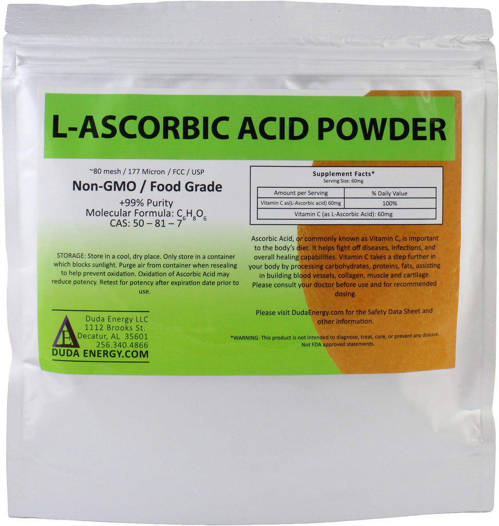 Duda Energy asc08oz Bag of L-Ascorbic Acid Powder 99+% Food Grade USP36/BP2012 Naturally Fermented Pure White Crystals Form of Vitamin C, 8 oz.