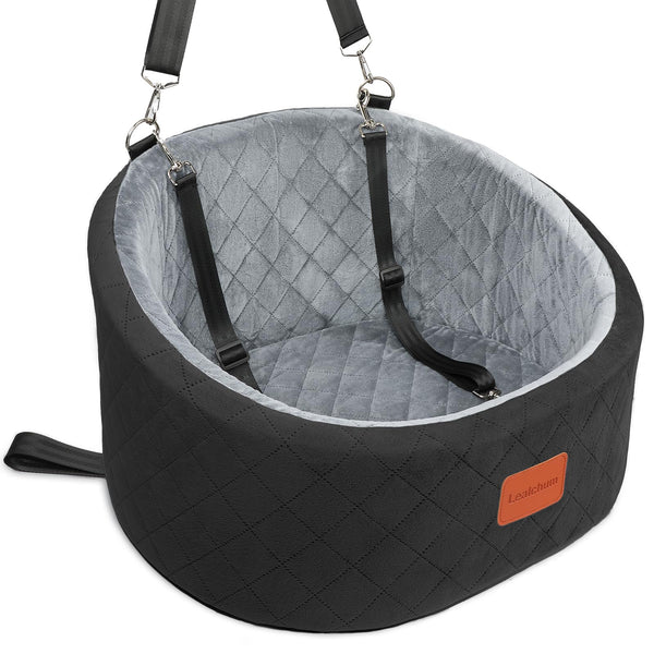 Lealchum Dog Car Seat Up to 25lb Dogs, 2 Adjustable Safety Dog Leashes, Pet Washable Travel Car Seat with Non-Slip Bottom, Easy to Install and Removable, Covered with Soft Fabric(Black/Grey, Small)
