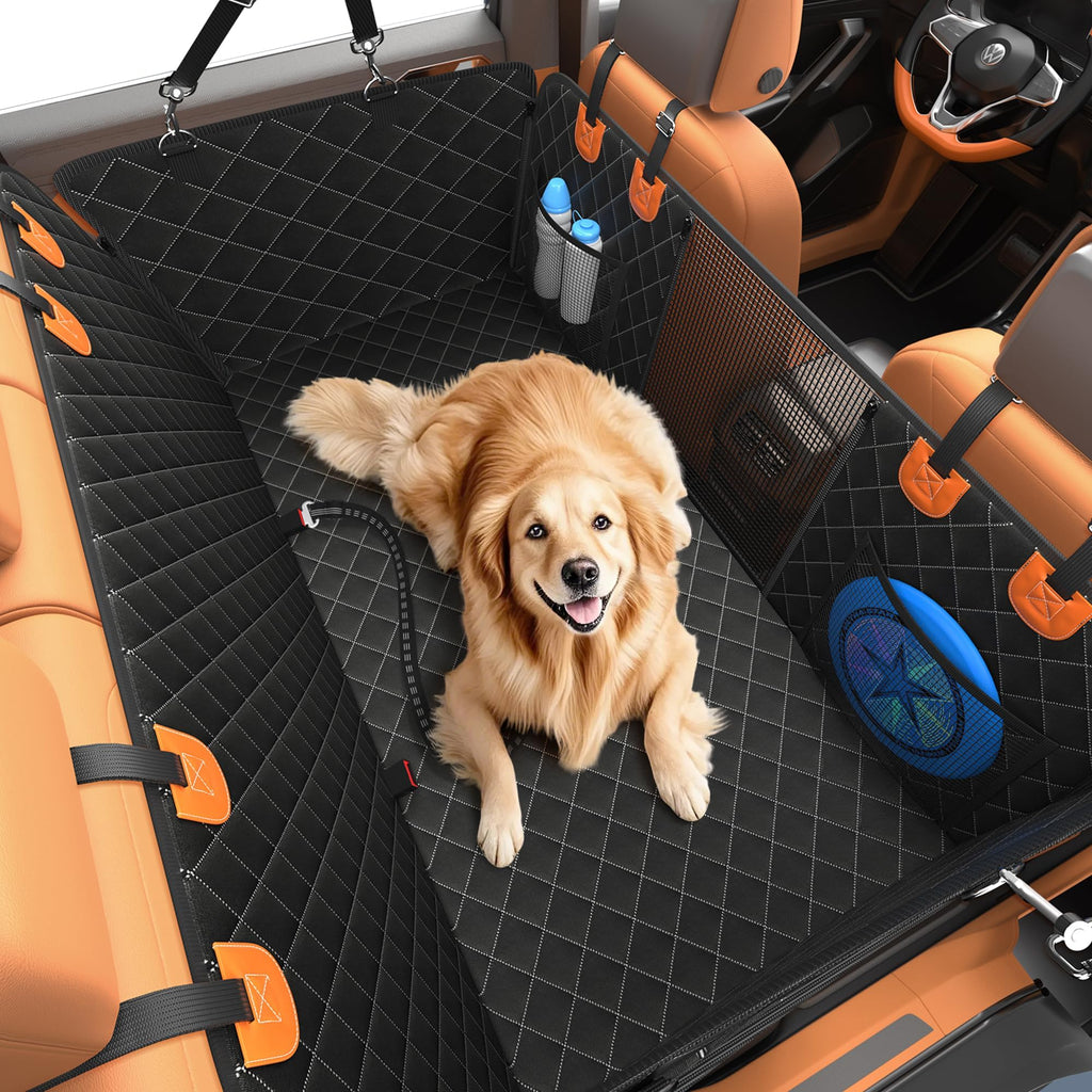 Dog car seat cover for back seat-2025 Upgraded 100% Waterproof and Scratch Resistant Rear Seat Hard Bottom Extension - Dog Car Seat Holds Up to 400 lb Pet for Cars, Trucks and SUVs (Black and Orange)