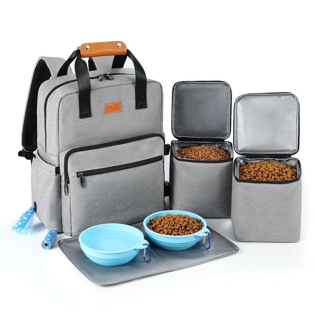 Dog Travel Bag, 25L Airline Approved Dog Travel Backpack for Pet Travel Accessories with 2 Food Storage Containers, 2 Foldable Bowls for Short Trips, Grey