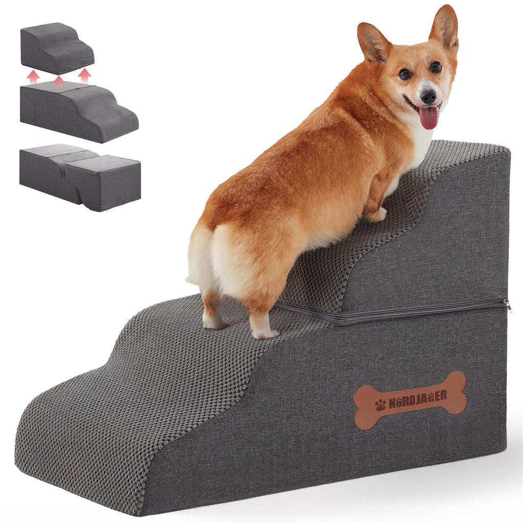 Dog Stairs 4 Steps for Small Dogs and Cats to Get on High Beds, Couch or Car, Pets Can Climb, Sit, Lie Down or Perch to Look Out Windows on The Spliceable Ramp, Provides Support, Grey（19" H）