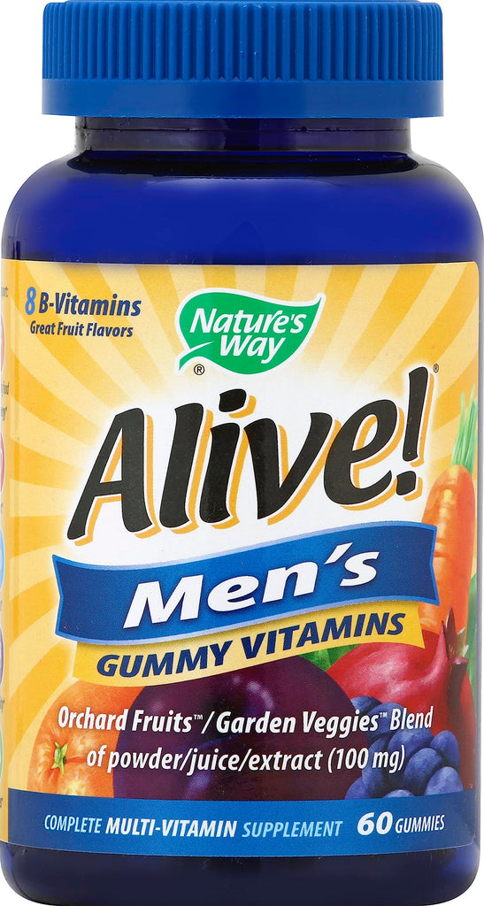Alive! Men's Gummy Vitamin, Complete Multi-Vitamin Supplement with Orchard Fruits/Garden Veggies Blend of Powder/Juice/Extract, 60 Gummies.