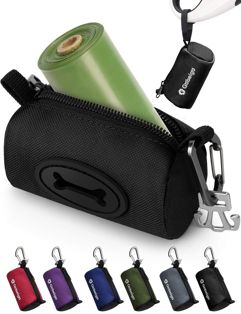 Gobeigo Dog Poop Bag Holder for Leash, Large Opening for Easy Pull Out, Doggy Poo Bag Dispenser with Used Waste Bag Carrier Suitable for Any Retractable Leash with 15 Unscented Bags (Black)