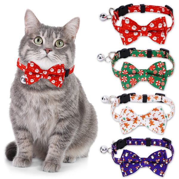 Whaline 4Pcs Christmas Cat Collar Santa Claus Gingerbread Man Candy Penguin Breakaway Pat Collar with Bow Tie Bell Adjustable Cute Xmas Holiday Kitten Collar for Puppy Small Dog Costume Accessories