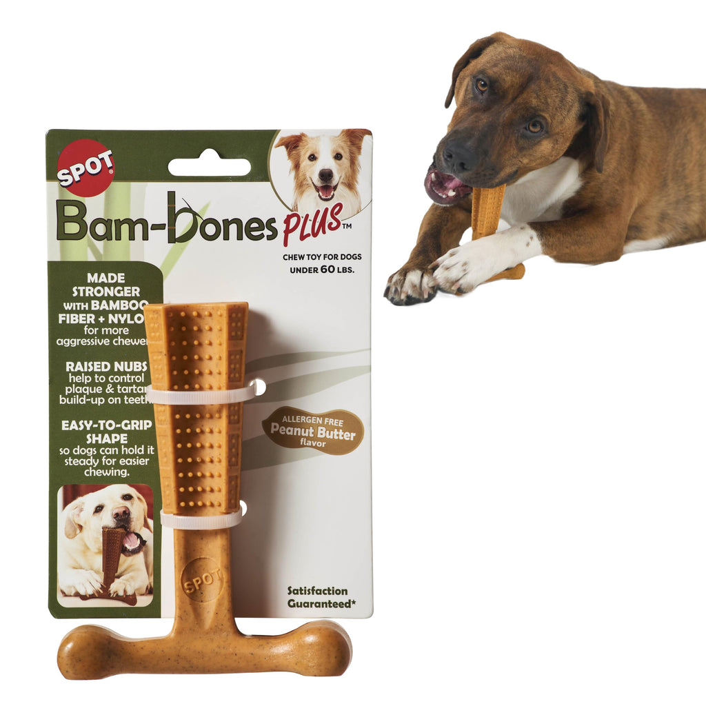 SPOT Bam-Bones Plus T Bone - Bamboo Fiber & Nylon, Durable Long Lasting Dog Chew for Aggressive Chewers – Toy for Dogs & Puppies Under 60lbs, Non-Splintering, 6in, Allergen Free Peanut Butter Flavor