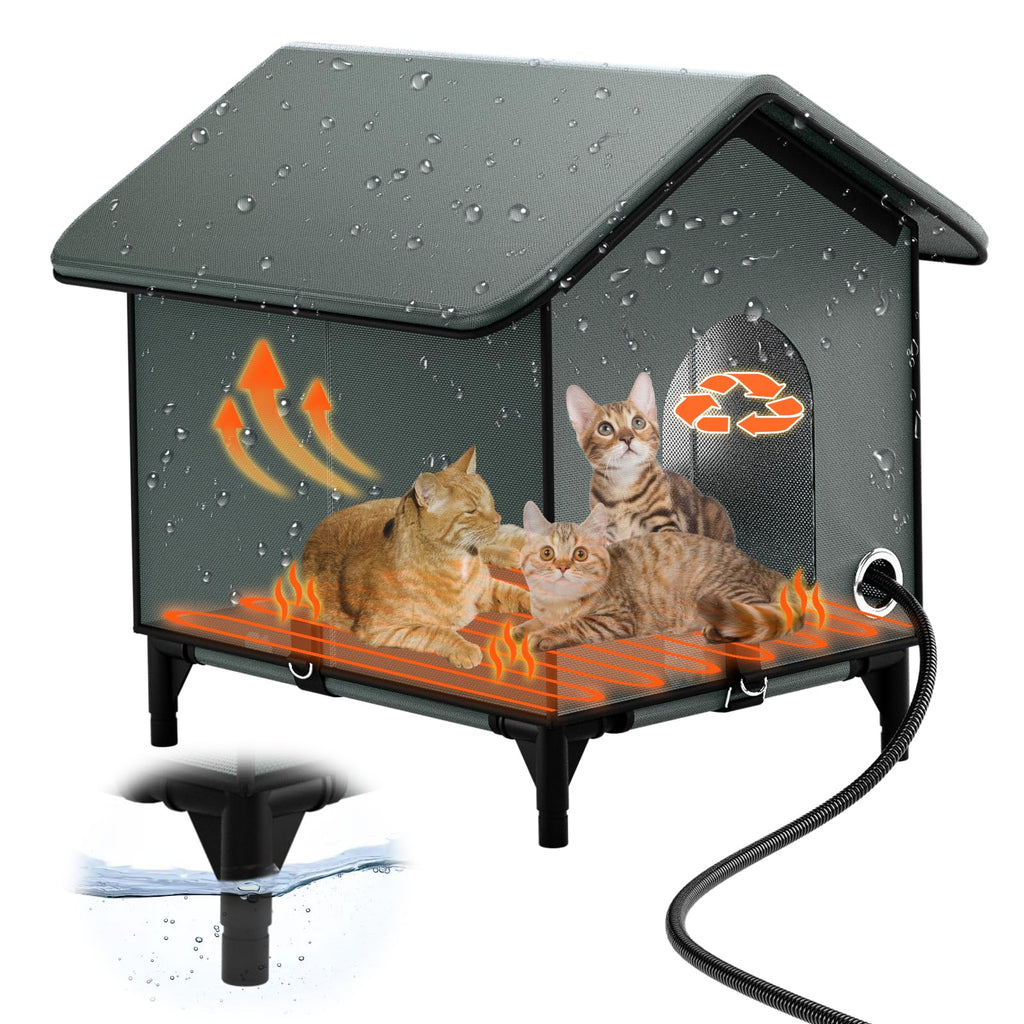 Large Size Heated Cat House for Outside, Outdoor Cat House for Winter Insulated Waterproof with Pet Heating Pad Suitable for Stray Barn Cats Small Dogs Etc (21 * 17 * 22“)