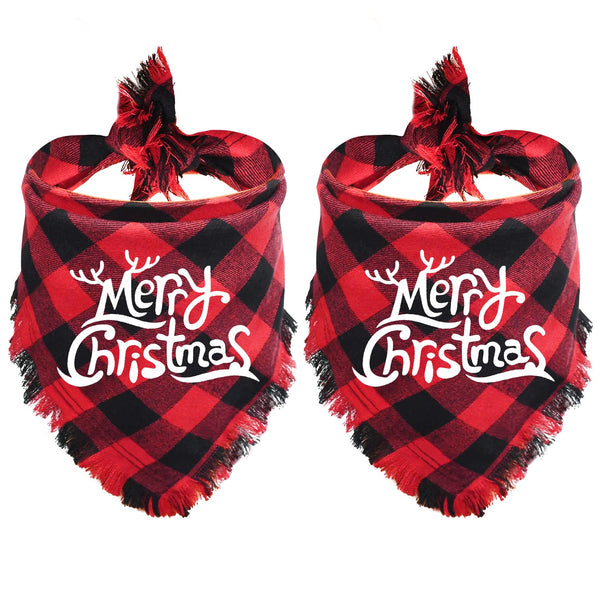 Malier 2 Pack Dog Bandana, Christmas Classic Buffalo Plaid Pattern with Tassels Edges, Pets Scarf Triangle Bibs Kerchief Bandana Costume Accessories for Small Medium Large Dogs Cats