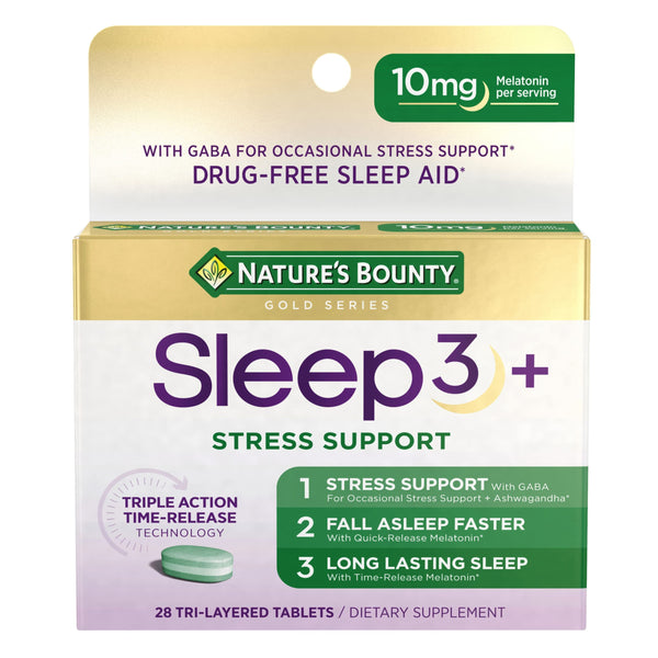 Stress Support Melatonin by Nature's Bounty, Sleep3 Maximum Strength 100% Drug Free Sleep Aid, Dietary Supplement with Ashwagandha, Time Release Technology, 10mg, 28 Tri-Layered Tablets