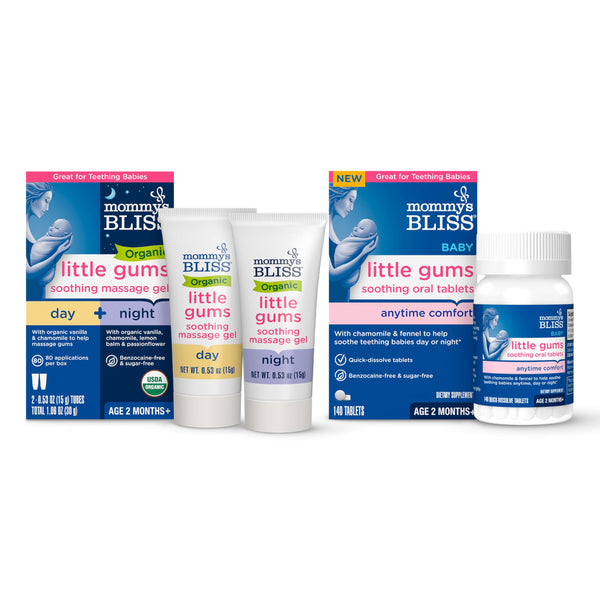 Mommy's Bliss Organic Little Gums Soothing Massage Gel & Oral Tablets Day and Night Combo, Age 2 Months+, Sugar Free, Mild & Sweet Flavor| 2-0.53 Oz Tubes + 1 Bottle (140 Tablets)