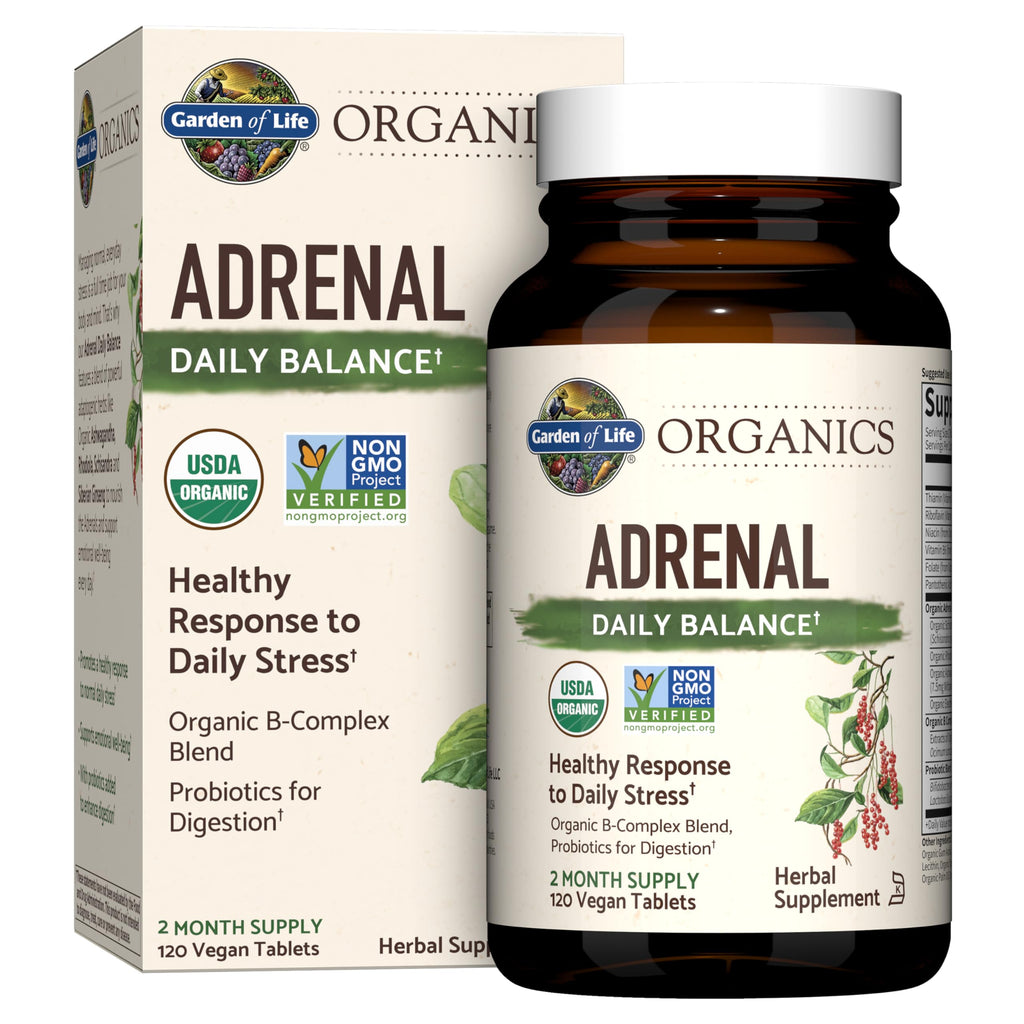 Garden of Life Organics Adrenal Daily Balance, Adaptogenic Herbs Ashwagandha, Holy Basil, B Complex & Probiotics, Organic Non-GMO, Vegan, Gluten Free Supplement, Two Month Supply, 120 Tablets