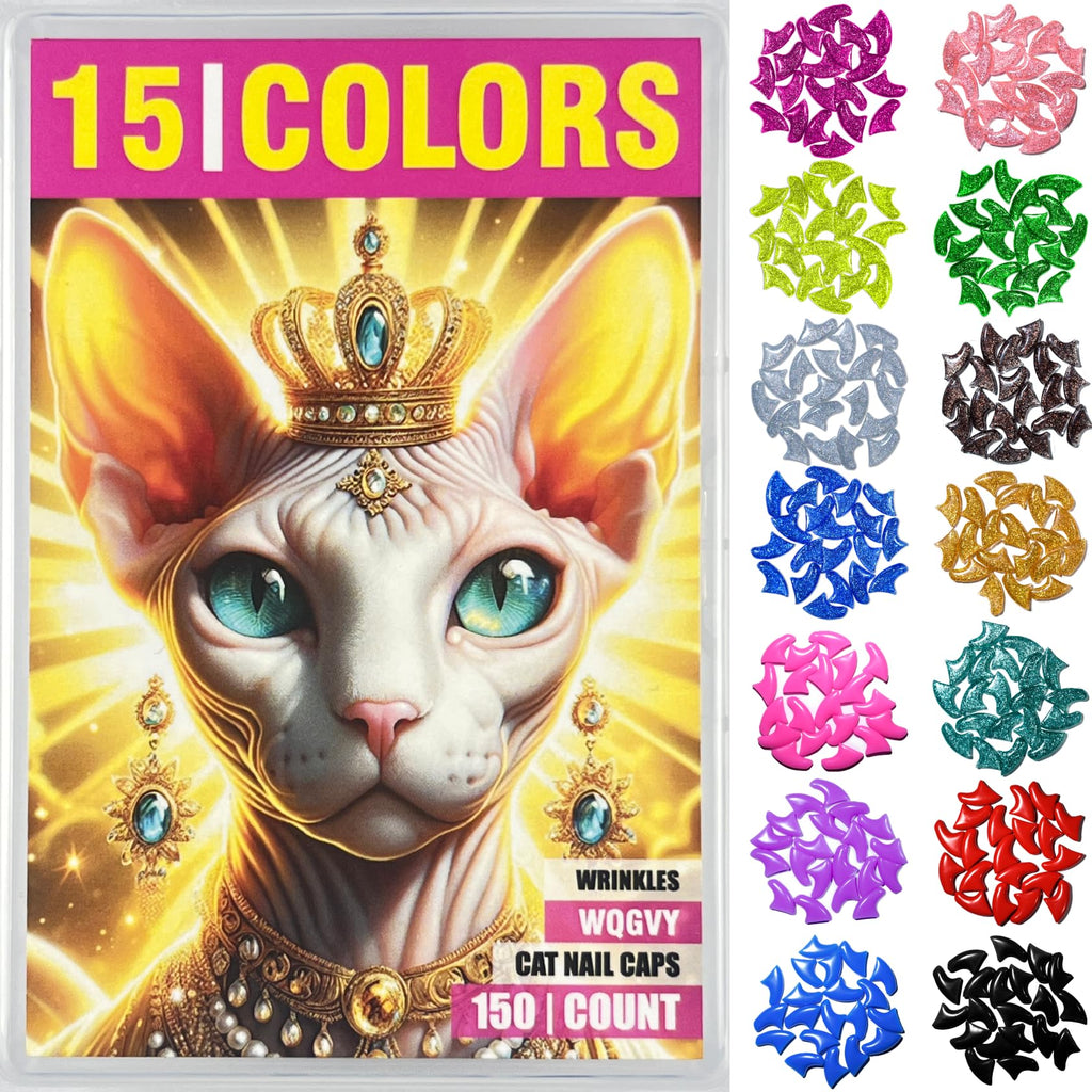 WQGVY 15 Colors | 150 pcs Cat Nail Caps | Cat Claw Covers Tips with Adhesives and Applicators (S)