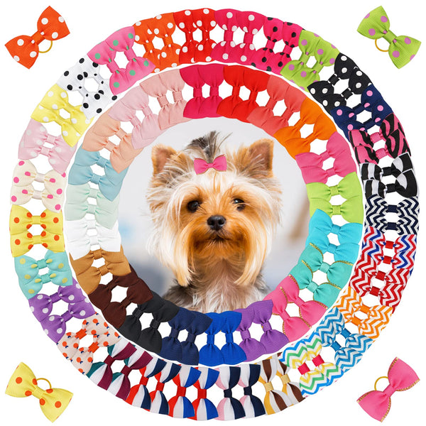 Yxiang 100PCS Cute Pet Grooming Accessories - Colored Polka Dot Hair Bows with Rubber Bands for Small Dogs and Puppies like Yorkies - 50 Pairs