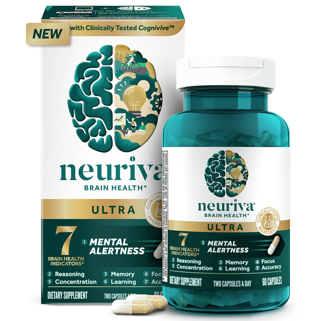 NEURIVA Ultra Decaffeinated Clinically Tested Nootropic Brain Supplement for Mental Alertness, Memory, Focus & Concentration, Cognivive, Neurofactor, Phosphatidylserine, Vitamins B6 B12, 60 Capsules