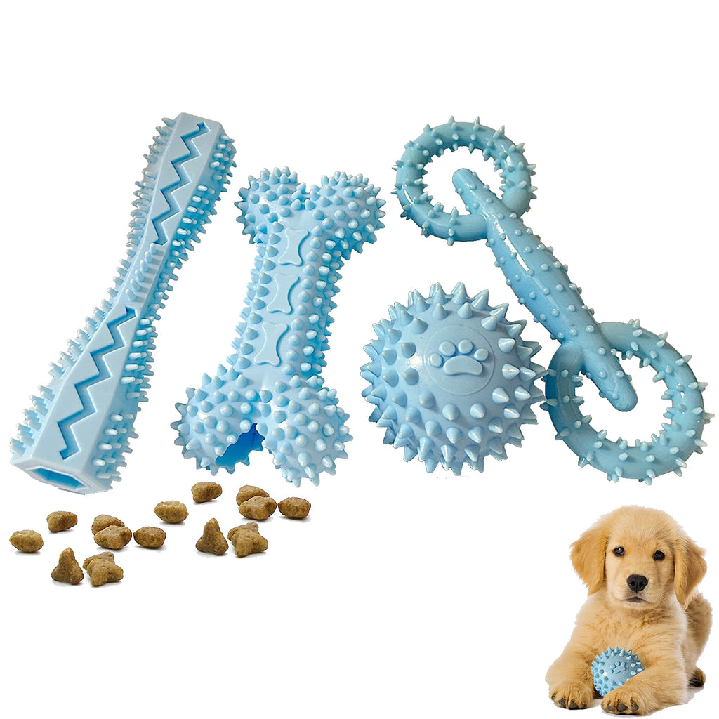 4 Pack Puppy Toys for 0-6 Months Pets Dog Chew Toy for Small Puppies Teething Toys for Cleaning Teeth Food Dispensing Soft Durable Rubber Bone Funny Ball Interactive Donut Treat Dumbbell (Blue)