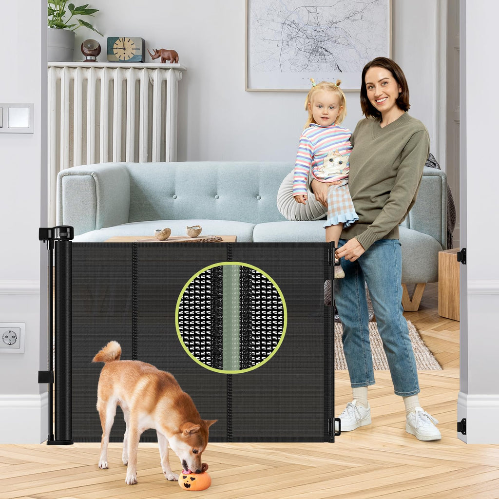 Reinforced 55" Wide Retractable Baby Gates with Reinforced Strips Retractable Dog Gate for the House Prevents Bottom Drilling Through Kid/Pet Mesh Baby Gate for Stairs Puppy Gates for the House, Black