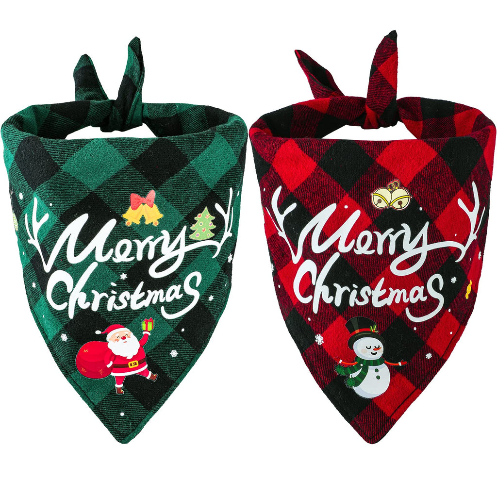 Viretec Christmas Dog Bandanas - 2 Pack Plaid Dog Scarfs Santa Snowman Merry Xmas Print Triangle Bibs, Adjustable Washable, Small to Large Dogs & Cats