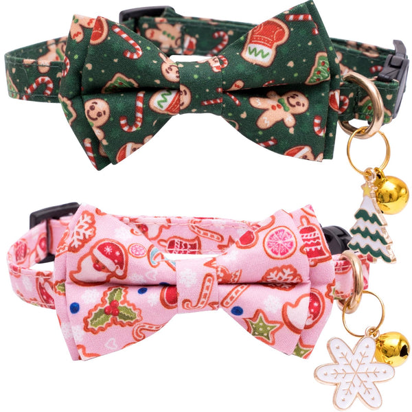Faygarsle 2 Pack Christmas Cat Collars - Cute Holiday Collars with Bow Tie, Breakaway, Pink & Green, Winter, for Boy & Girl Cats