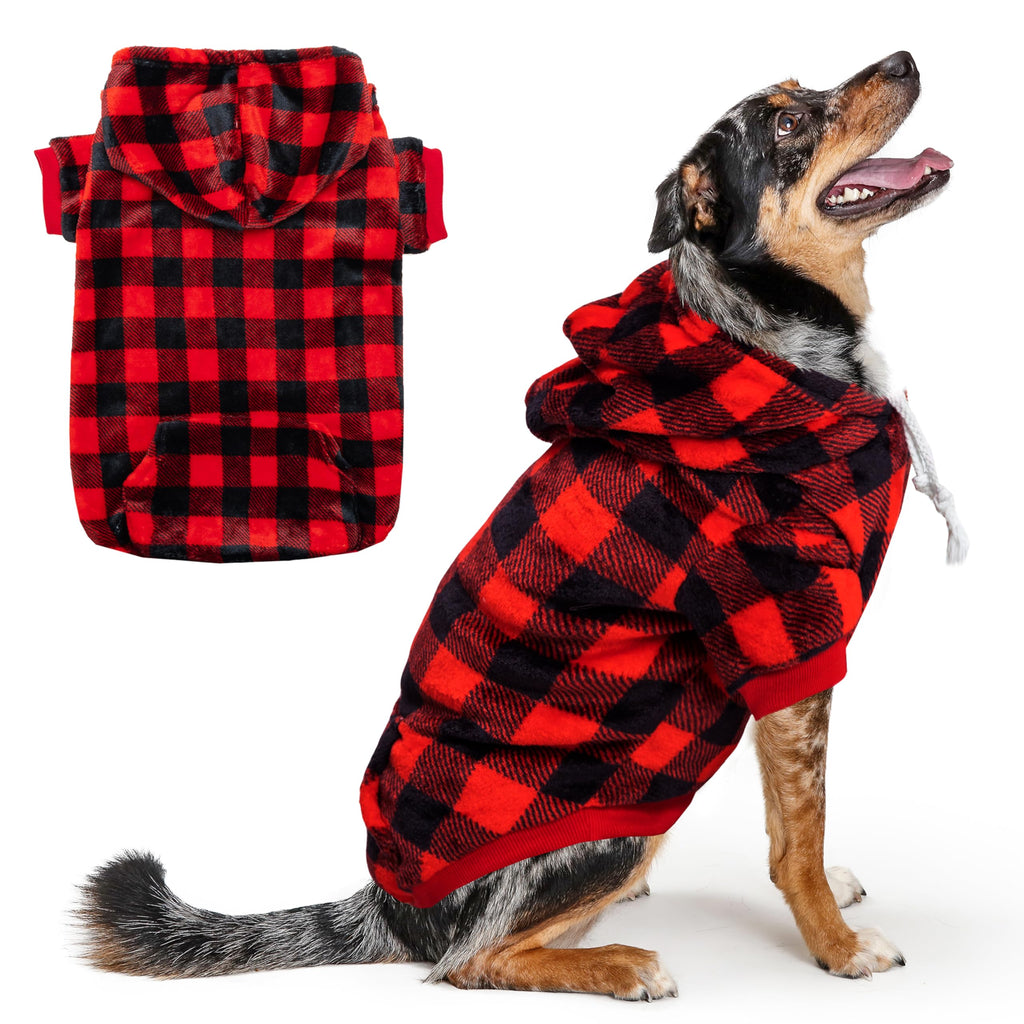 ALUZAEMO Dog Hoodie for Large Meidum Small Dogs, Winter Plaid Fleece Warm Hooded Dog Hoodies Christmas Pet Sweatshirt Clothes with Pockets for Cold Weather (S-XXL)