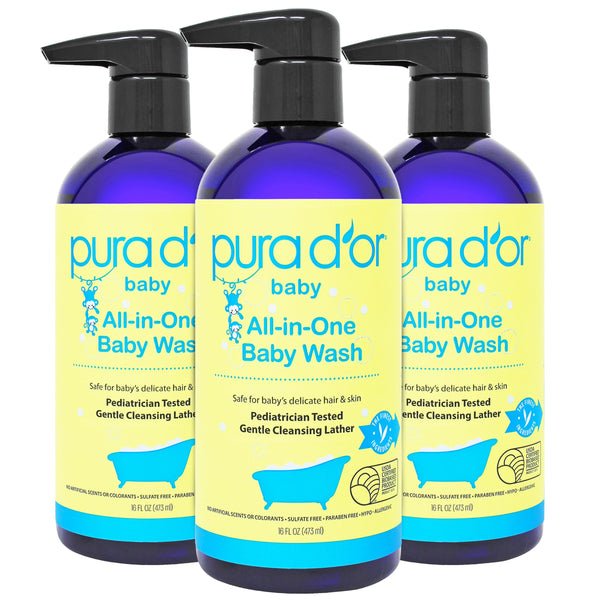 PURA D'OR All-in-One Baby Wash (16 Oz x3 = 48 Oz) USDA Biobased, Zero Sulfates, No Artificial Scents, Tear-Less, Hypoallergenic, Gentle, Calming 2-in-1 Baby Bath Wash & Shampoo