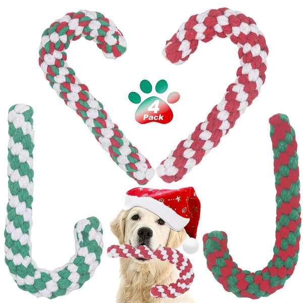 Onwoli Christmas Dog Rope Toys - 4 Packs Interactive Chewing Candy Cane Toys for Puppy, Small, Medium Dogs - Training, Playing, Teething, Cleaning