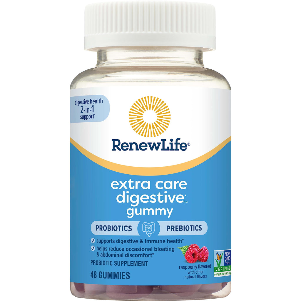 Renew Life Extra Care Digestive Prebiotic and Probiotic Gummies, Daily Supplement for Digestive and Immune Health, B. Coagulans and B. Subtilis, Dairy, Soy and gluten-free, 2 Billion CFU, 48 Count