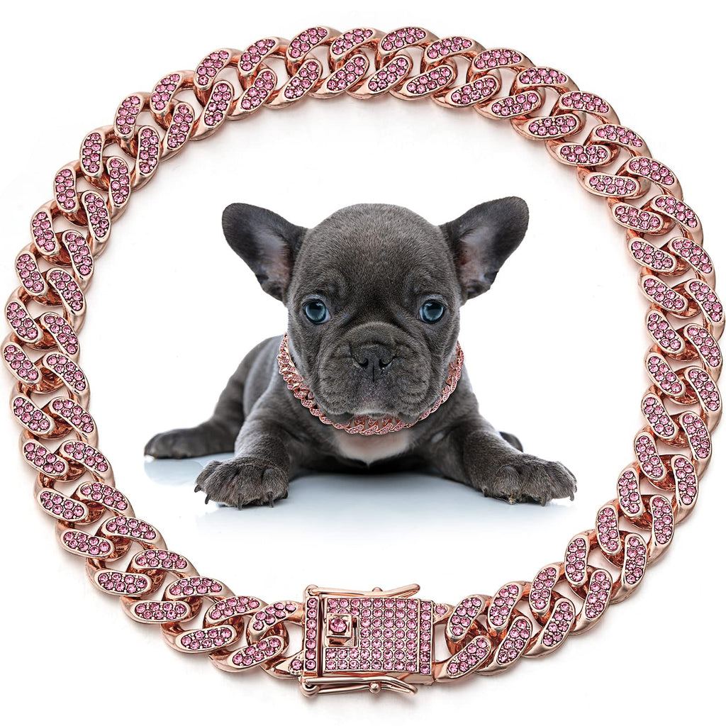 LEIFIDE Dog Chain Collar Diamond Link Puppy Collar 12 mm Wide Dog Necklace Metal Cat Chain Pet Crystal Necklace Jewelry Accessories for Small Medium Large Pet(10 Inch,Rose Gold, Pink)