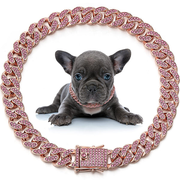 LEIFIDE Dog Chain Collar Diamond Link Puppy Collar 12 mm Wide Dog Necklace Metal Cat Chain Pet Crystal Necklace Jewelry Accessories for Small Medium Large Pet(10 Inch,Rose Gold, Pink)