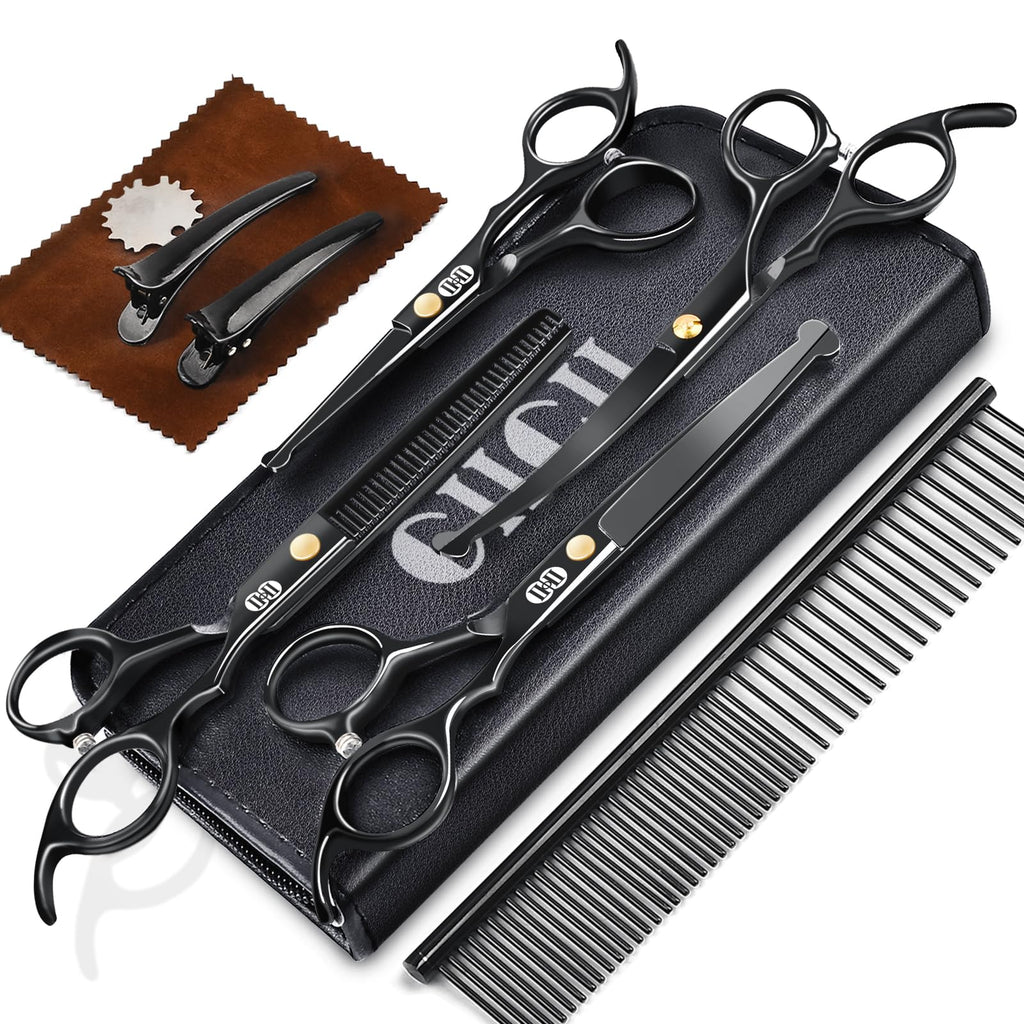 CIICII Dog Grooming Scissors Kit, 10-In-1 Professional Pet Grooming Scissors Set with Safety Round Tip (Dogs/Cat Hair Cutting Trimming Thinning Shears with Curved Scissors) for DIY Home Salon (Black)