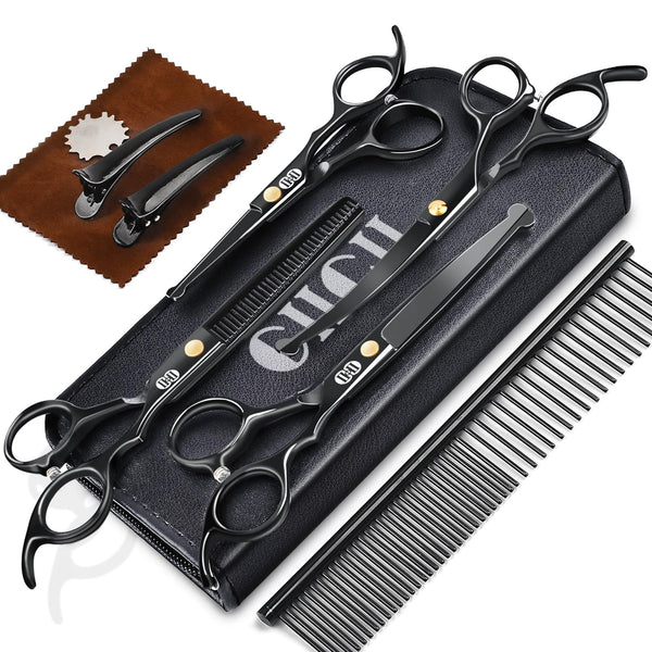 CIICII Dog Grooming Scissors Kit, 10-In-1 Professional Pet Grooming Scissors Set with Safety Round Tip (Dogs/Cat Hair Cutting Trimming Thinning Shears with Curved Scissors) for DIY Home Salon (Black)