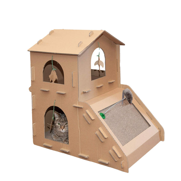 Furhaven Multi-Level Cardboard Cat House w/ Catnip for Indoor Cats, Ft. Scratching Pads & Toys - Townhouse Corrugated Cat Scratcher Hideout - Cardboard Brown, One Size