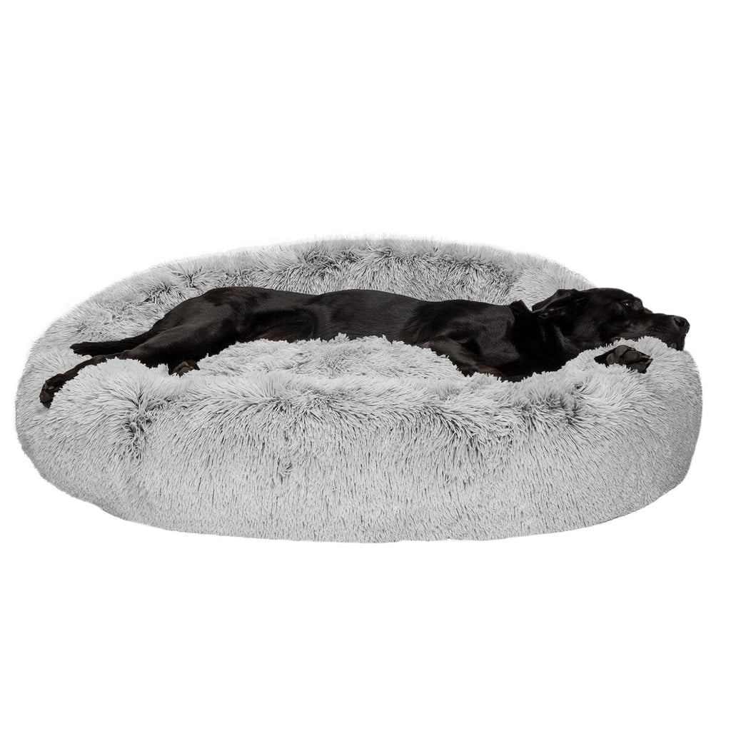 Furhaven 45" Round Calming Donut Dog Bed for Large Dogs, Refillable w/ Removable Washable Cover, For Dogs Up to 90 lbs - Shaggy Plush Long Faux Fur Donut Bed - Mist Gray, Jumbo/XL, 45.0"x45.0"x9.0"