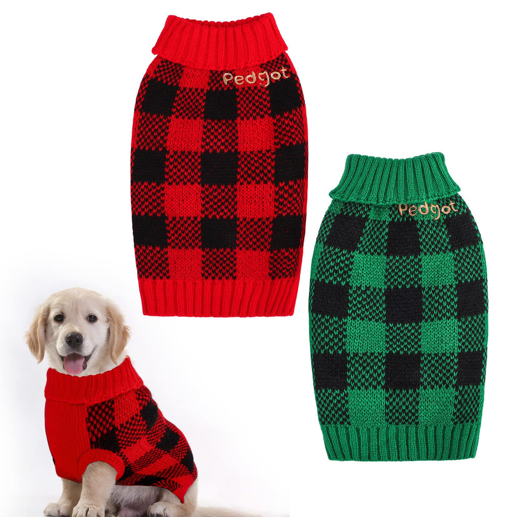 Pedgot 2 Pieces Pet Christmas Sweater Dog Xmas Clothes Vests for Winter Classic Plaid Knitwear for Christmas Winter Holiday Events (Red and Black, Black and Green, Medium)