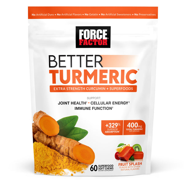 FORCE FACTOR Better Turmeric Supplement 400mg with Black Pepper & Ginger, Extra Strength Joint Support, Superior Absorption, Like Turmeric Gummies, Fruit Splash, 60 Turmeric Chews