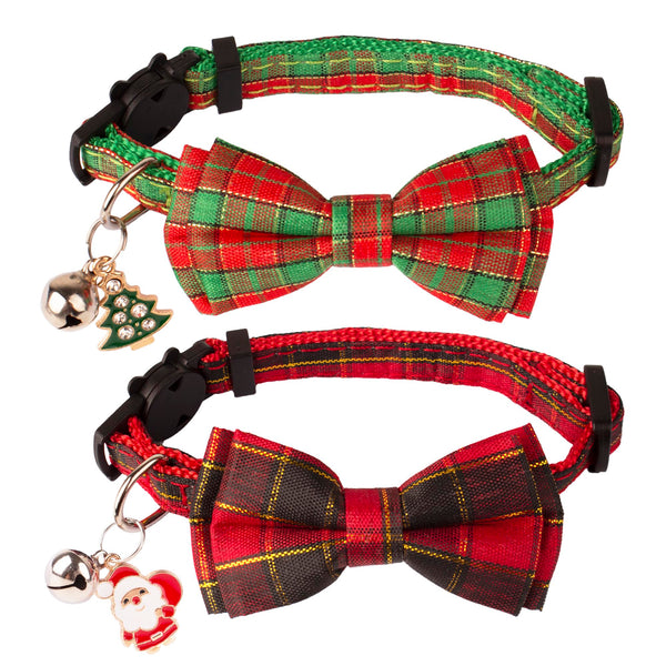 ADOGGYGO Christmas Cat Collars with Bow Bell, Breakaway Red Green Plaid Christmas Bowtie Collars for Girl Boy Cats Kittens