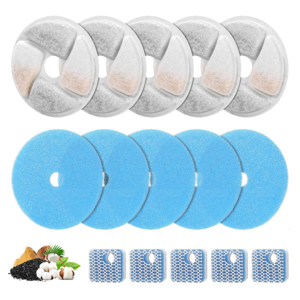 5 Set Cat Water Fountain Filter Replacement for Square 2.2L/73oz Stainless Steel Cat Fountain, ZEKIRY Pet Fountain Filter, Triple Filtration Replacement Filters(5 Filter, 5 Sponge, 5 8D Sponge)