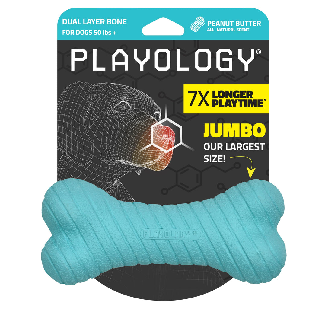 Playology Dual Layer Bone | Engaging All Natural Peanut Butter Scented Dog Toy, Jumbo Size | Blue Bone for Large to X-Large Dogs 50lbs & up | Interactive & Durable for Tough Chewers