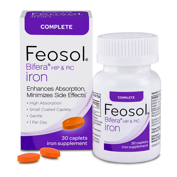 Feosol Complete Iron Supplement Caplets, Bifera Iron for High Absorption, Heme and Non-Heme Dual Action Minimizes Side Effects, 1 Per Day, for Energy and Immune System Support, Made in USA, 30 Count