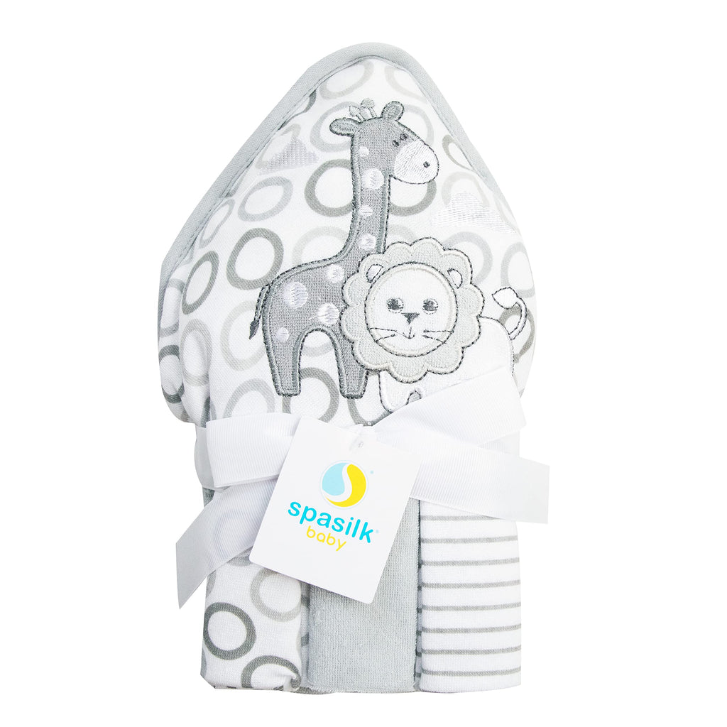 Spasilk 4-Piece Soft Terry Hooded Bath Towel and Washcloth Set, 1 Baby Towel and 3 Baby Washcloths for Newborn Boys and Girls, Gray Lion
