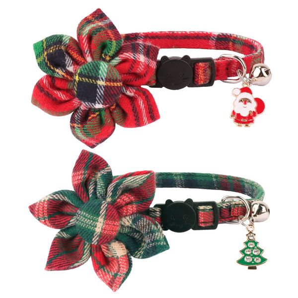 ADOGGYGO Christmas Cat Collar with Floral, 2 Pack Xmas Kitten Flower Collar, Red Green Plaid Christmas Collars for Cat Kitten